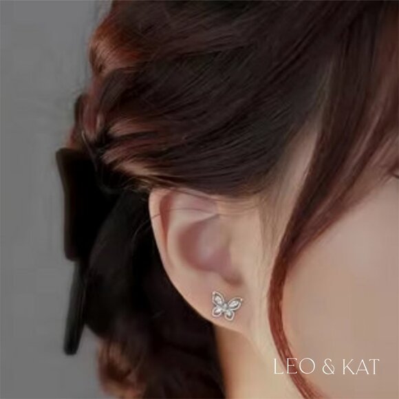 Zircon Butterfly Stud Earrings in Gold and Silver. 925 Sterling Silver. #1031 - Picture 4 of 5